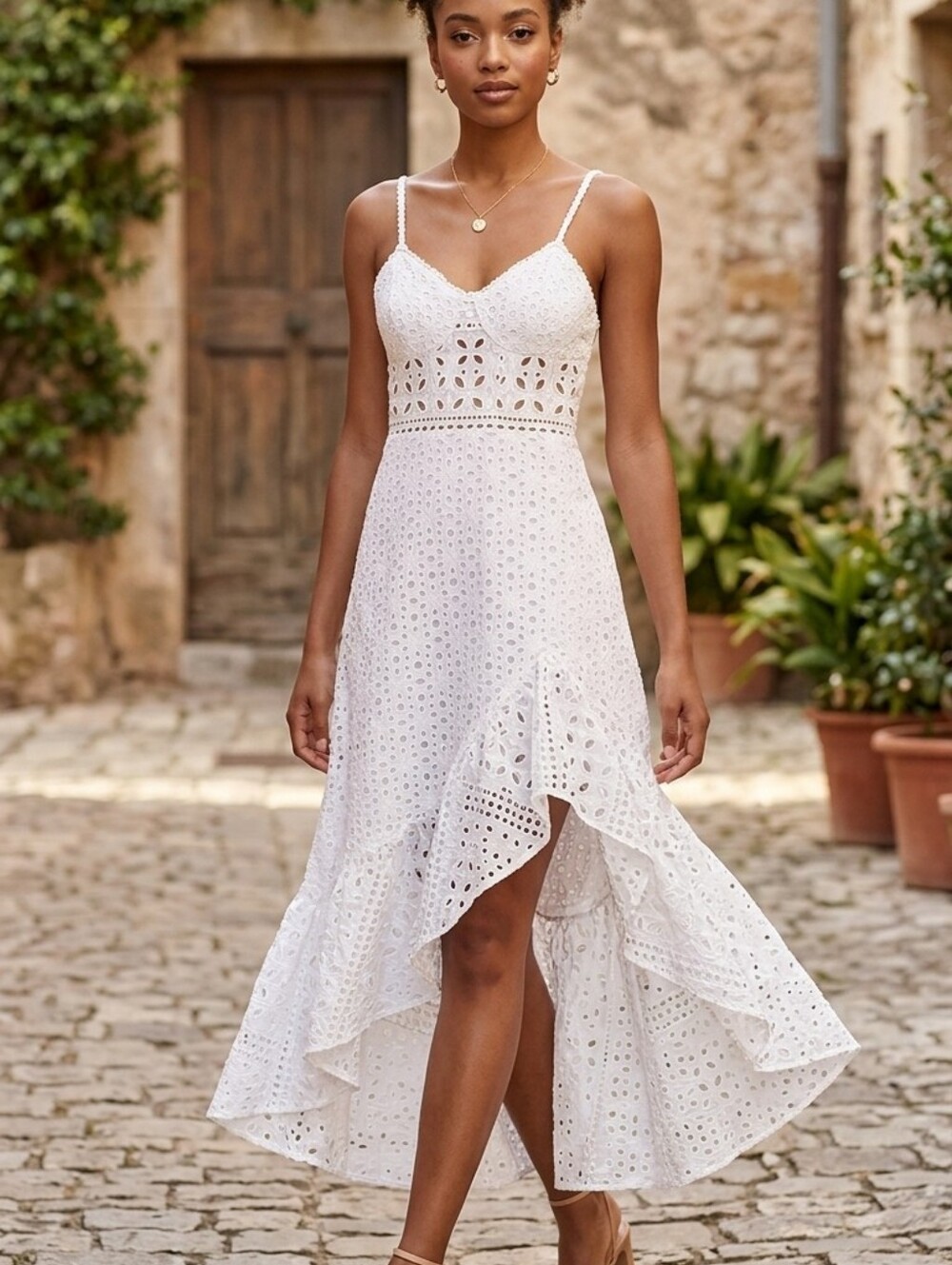Charo Ruiz Asymmetrical Eyelit White Midi Dress Size S Made In Portugal Resort